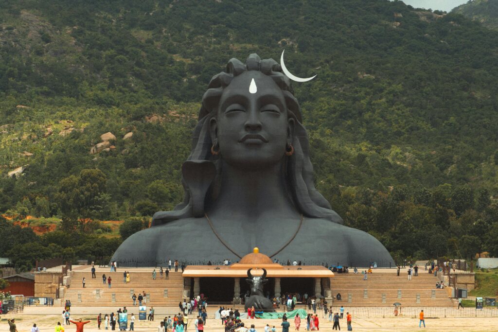 Stunning view of the Adiyogi Shiva statue in Avalagurki, Karnataka, India.